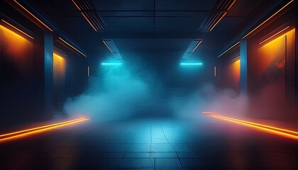 background of an empty room with smoke and neon light dark abstract background