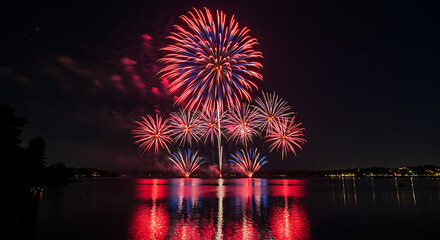 Dazzling 4th July Celebration Fireworks with Stunning Reflections on Lake