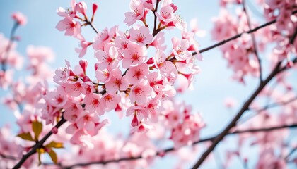 Fototapeta premium Close-up of delicate pink cherry blossoms against a soft blue sky, a tranquil spring scene, pastel, blue sky