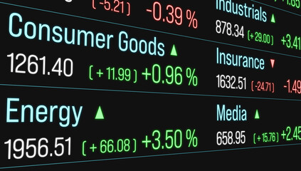Obraz premium Stock market and exchange, sector index data, consumer goods, energy, insurance, media. Business, trading, investment. 3D illustration