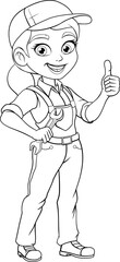 A woman female mechanic, plumber technician or engineer cartoon character mascot holding a wrench or spanner.