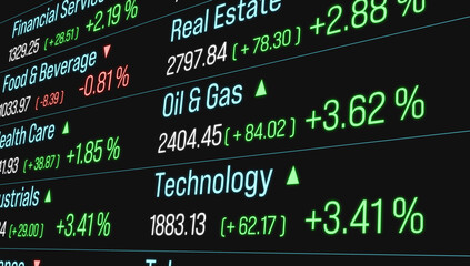 Obraz premium Sector index data, food and beaverage, oil and gas, technology. Business, trading, investment. 3D illustration