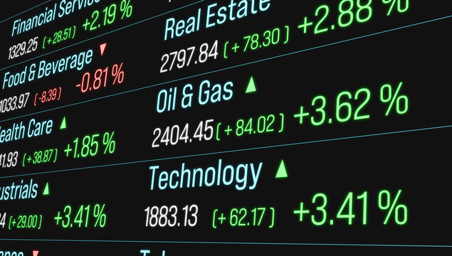 Sector index data, food and beaverage, oil and gas, technology. Business, trading, investment. 3D illustration