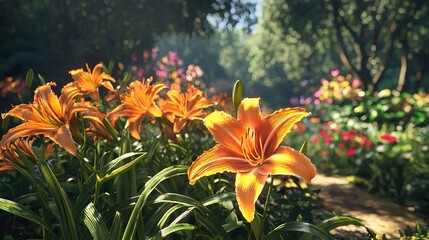 Obraz premium Yellow-orange flowers of the daylily in summer garden.
