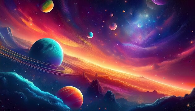 vibrant cosmic space scene with colorful planets nebula and stars in a fantasy outer space background illustration