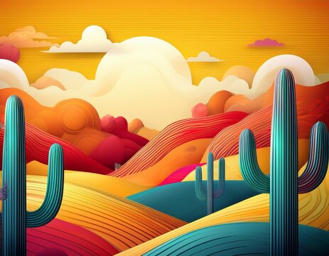 a vibrant stylized desert landscape featuring colorful cacti rolling hills and cheerful clouds against a sunny yellow backdrop