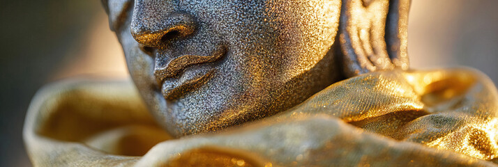 Close-up of Metallic Statue Face with Gold Fabric Drape