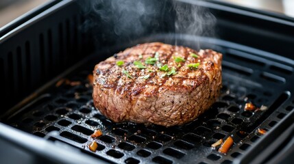 Juicy Well-Seasoned Steak Sizzling Inside an Air Fryer with Steam Rising for a Perfectly Cooked Meal Ready to Enjoy