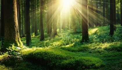 Obraz premium Lush green forest with sunbeams filtering through the trees, mystical atmosphere 