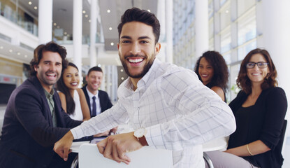 Business, lawyer or happy man in meeting for portrait confidence or teamwork in workplace. Face,...