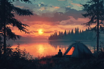Person sitting in front of a tent at sunset, silhouette against the orange sky, camping gear scattered around, calm and peaceful atmosphere.