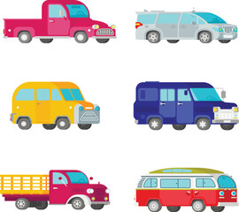 Vector freight trucks and minivans set in half isometric flat style