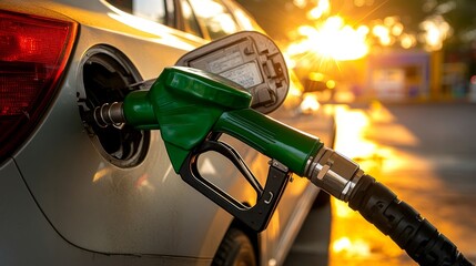 Refueling at Sunset Filling Car Tank with Gasoline at Gas Station During Golden Hour.