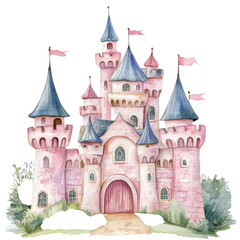 Obraz premium Watercolor pink castle art on transparent background.