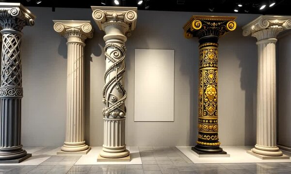 Display of antique columns in a modern gallery