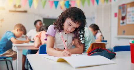 Notebook, education and writing with girl in classroom for child development, future and learning....