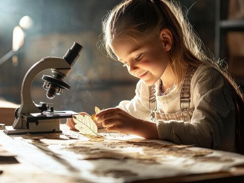 A young girl examines leaves under a microscope, showcasing curiosity and engagement in scientific discovery within a warm, illuminated workspace.