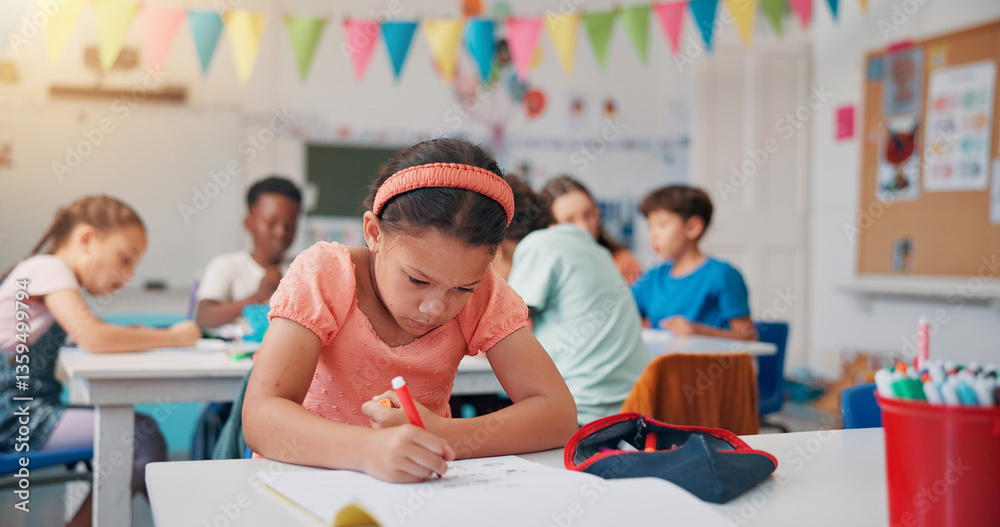 Poster notebook, learning and writing with girl in classroom for child development, future and education. a