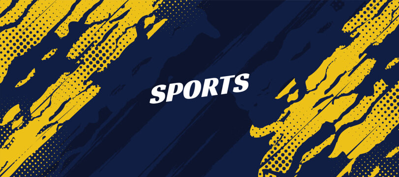 Colorful sports trendy background. Dark blue and yellow brush texture with halftone