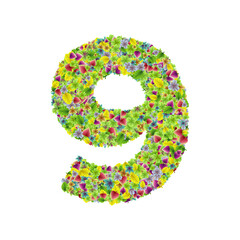 Colorful botanical garden fresh leaves font, numeral 9