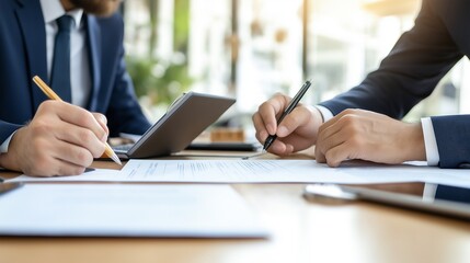 Close-up of two business professionals reviewing and signing a legal contract at a modern office desk, tablet and documents in the background