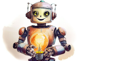 Close-up, sketch of a cute smiling robot holding a glowing light bulb isolated on white background with copy space. Innovation, technology and creative idea concept. Illustration. Generative Ai.