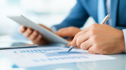 Close-up of two business professionals reviewing and signing a legal contract at a modern office desk, tablet and documents in the background