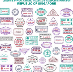 Custom vector typical artistic passport arrival and departure stamps variations set for Republic of Singapore