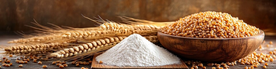 White flour on cutting board, ears of ripe barley and bowl full of grain on wooden table