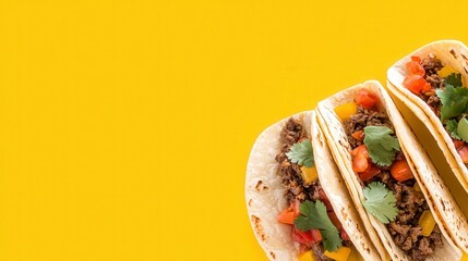 Delicious Mexican Tacos  Ground Beef  Cilantro  Yellow Background  Food Photography