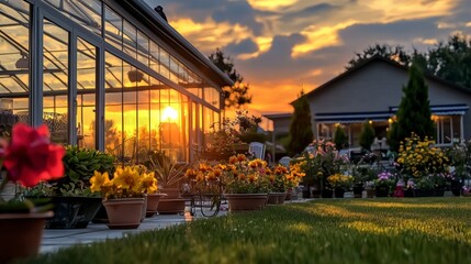 A stunning sunset illuminates a beautiful garden greenhouse filled with vibrant flowers and lush greenery at a tranquil suburban home.