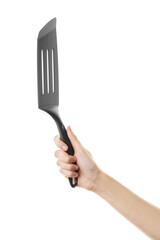 Ladle, turner, kitchen utensils isolated on white. Kitchen spatula on isolated white background. Black plastic kitchen spatula isolated on white background. A set of kitchen utensils.