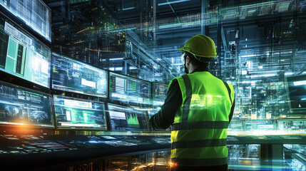 Worker in safety vest monitors multiple screens displaying data streams in industrial control room, showcasing modern technology and process monitoring