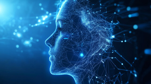 Hologram human artificial intelligence ai and future of brain analyzing power in dark background.
