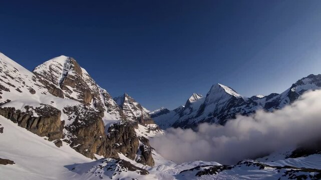 Majestic mountain peaks emerge above rolling clouds in pristine alpine vista. 4k stock footage