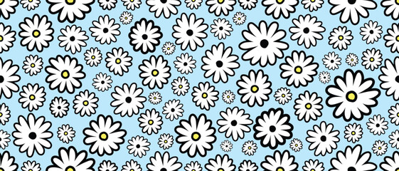 Doodle style daisy flower texture repeatable design. Vector big seamless pattern with chamomile flowers on blue background. Can be used for textile print, wrapping papers, wallpapers or for website.