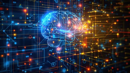 Obraz premium AI technology concept with a glowing brain and digital circuit patterns.