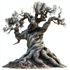 Fototapeta premium Ancient twisted tree with gnarled roots and sparse branches, showcasing the beauty of nature's resilience and age