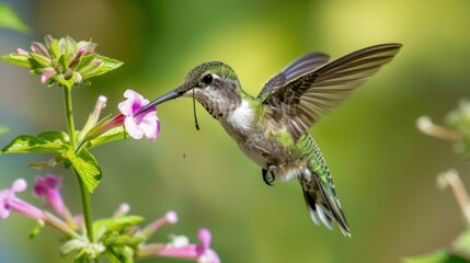 Fototapeta premium Close-up of a vibrant hummingbird feeding from a flower.