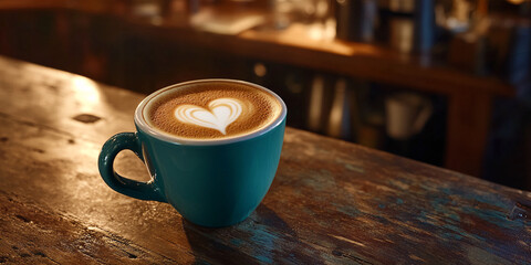Teal cup of latte art coffee with heart design on wooden surface, showcasing Valentine's Day theme, cozy atmosphere, and free space for text