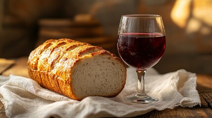 loaf of bread and glass of wine for communion