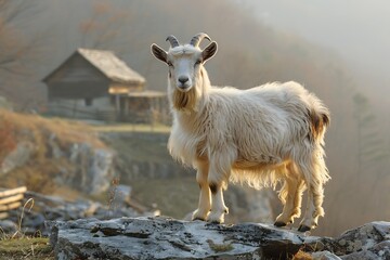 Obraz premium Capra hircus domestic goat standing atop rocky hillside looking curiously camera thick coarse fur small beard illuminated soft morning light background features rolling hills wooden barn the distance