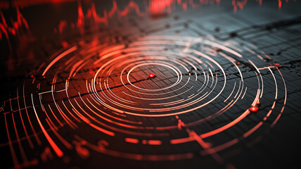 Close-up of a glowing red seismograph graph with circular details