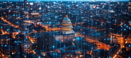 Digital Network Over Washington D.C. with the U.S. Capitol in Data Flow at Twilight, USA
