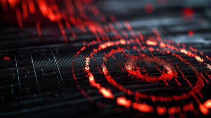 Close-up of a digital seismic activity representation with red and black tones