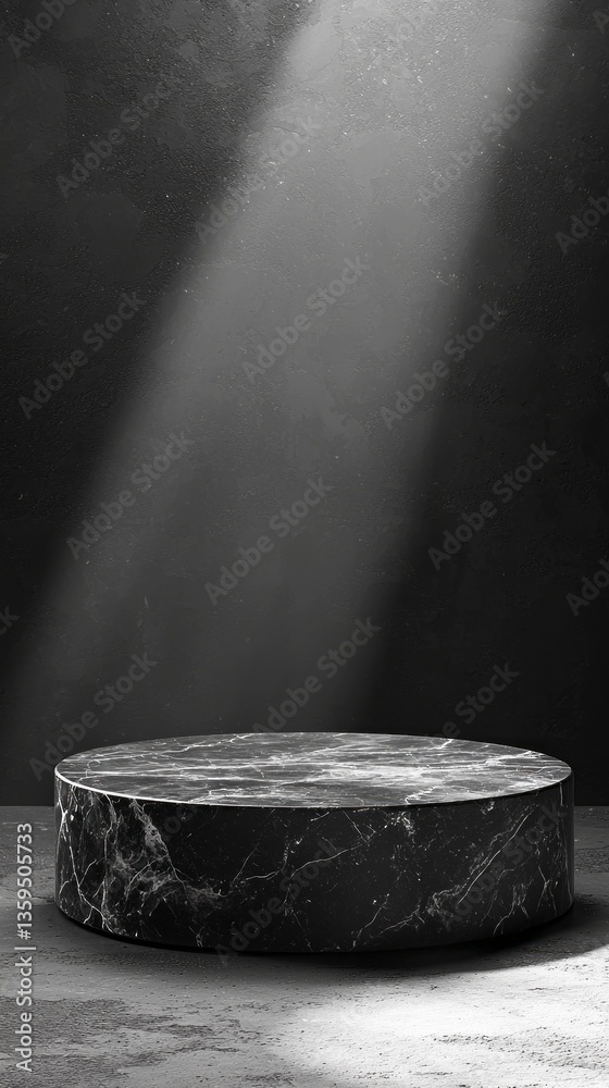 Poster a sleek black marble pedestal stands in a softly lit studio, with a single beam of light shining dow