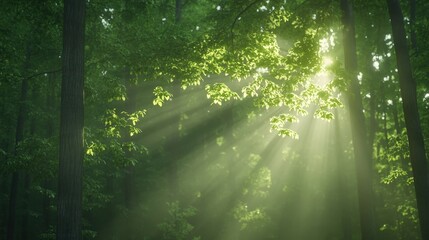 Obraz premium Sunlight filtering through lush green leaves in a serene forest, creating a peaceful and calming atmosphere.