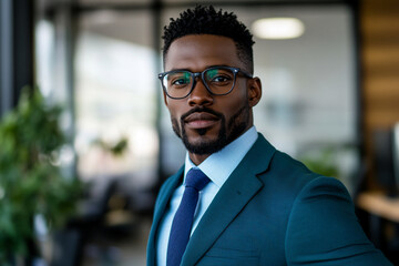 Fototapeta premium Portrait of a Black man in a teal suit, light blue shirt, and dark blue tie, wearing glasses. The image conveys professionalism and success, suitable for corporate branding