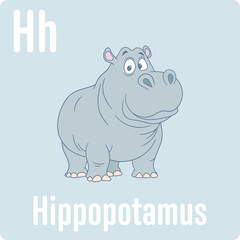 A friendly cartoon hippopotamus illustration for an educational alphabet card, featuring the letter 