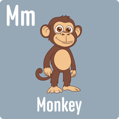 Cartoon monkey illustration with the letter M. Educational and playful design featuring a friendly monkey for children's learning resources.
